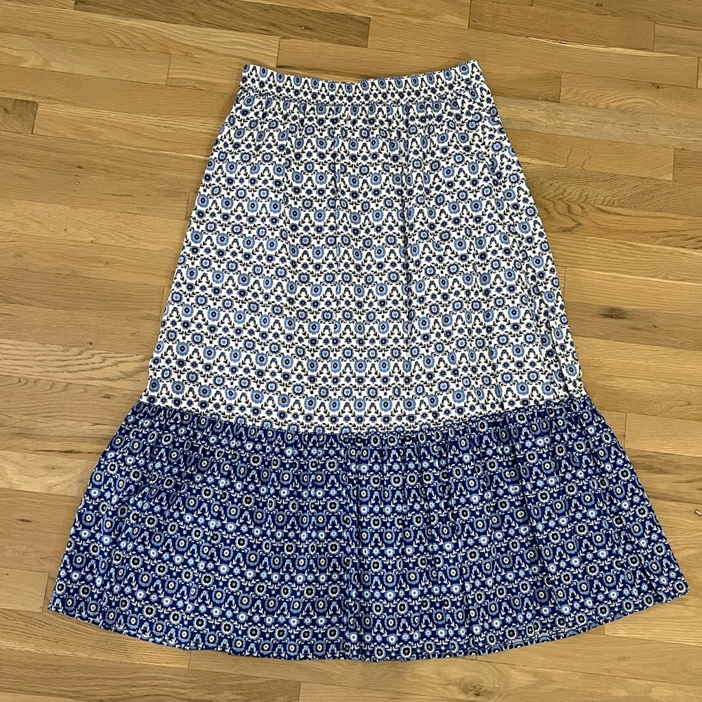LOFT Blue and White A-Line Midi Skirt